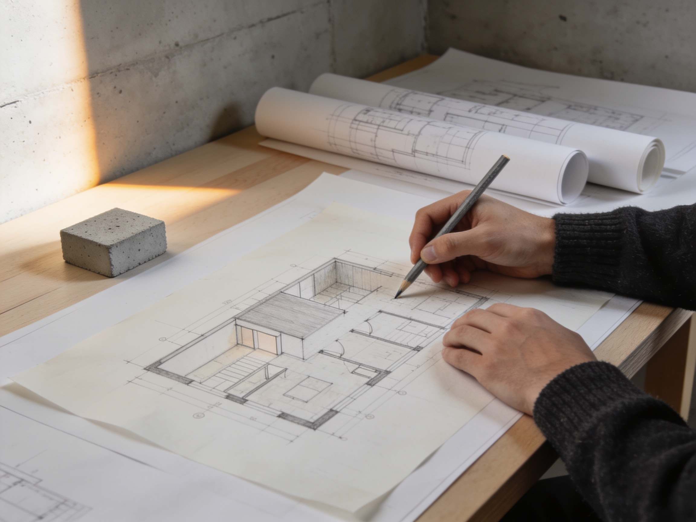Hände eines Architekten zeichnen mit Bleistift auf Transparentpapier über einem Grundriss