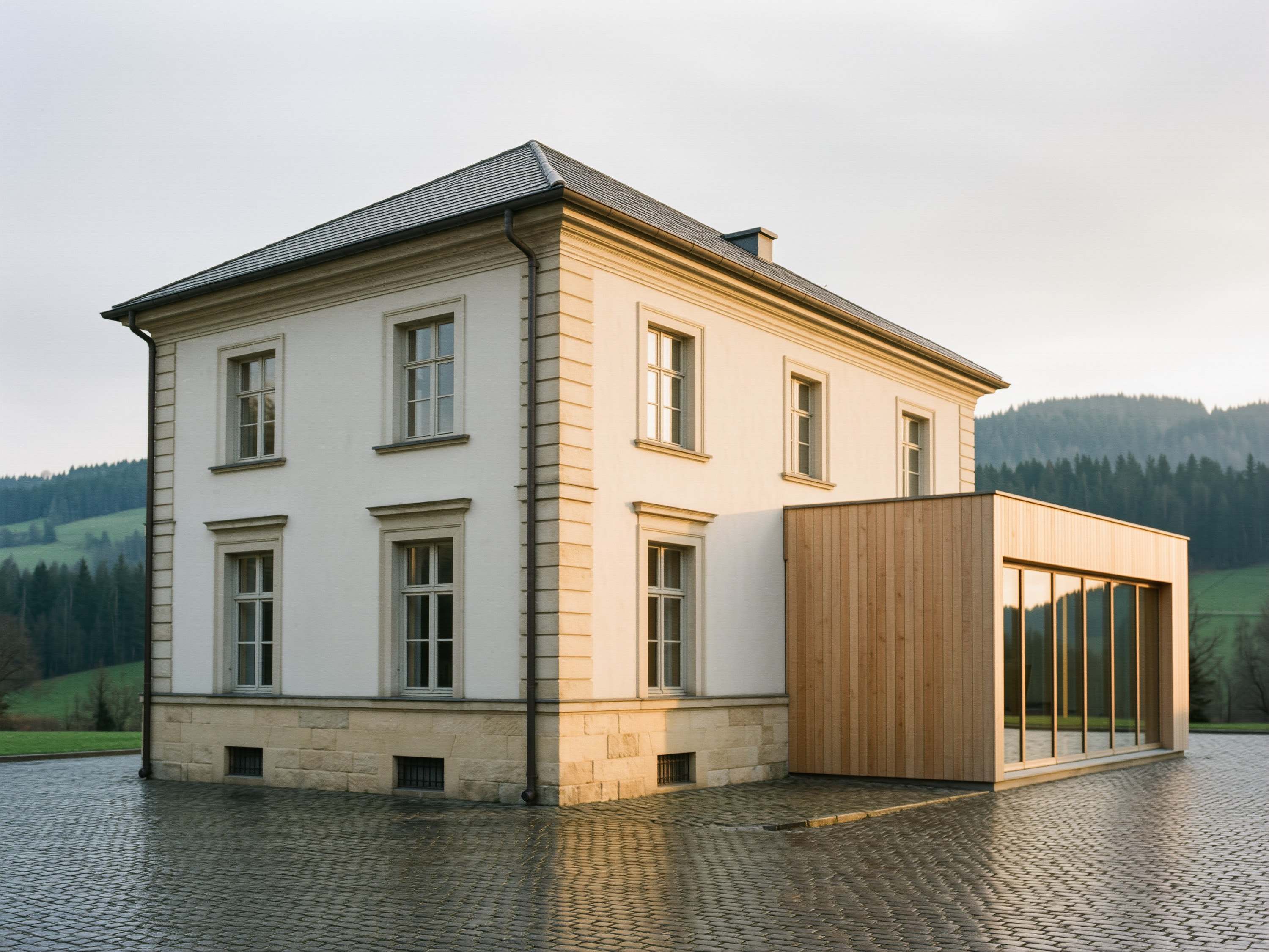 Sanierte Gründerzeitvilla in Baden-Baden mit hellem Putz, Sandsteinsockel und gläsernem Anbau im Streiflicht
