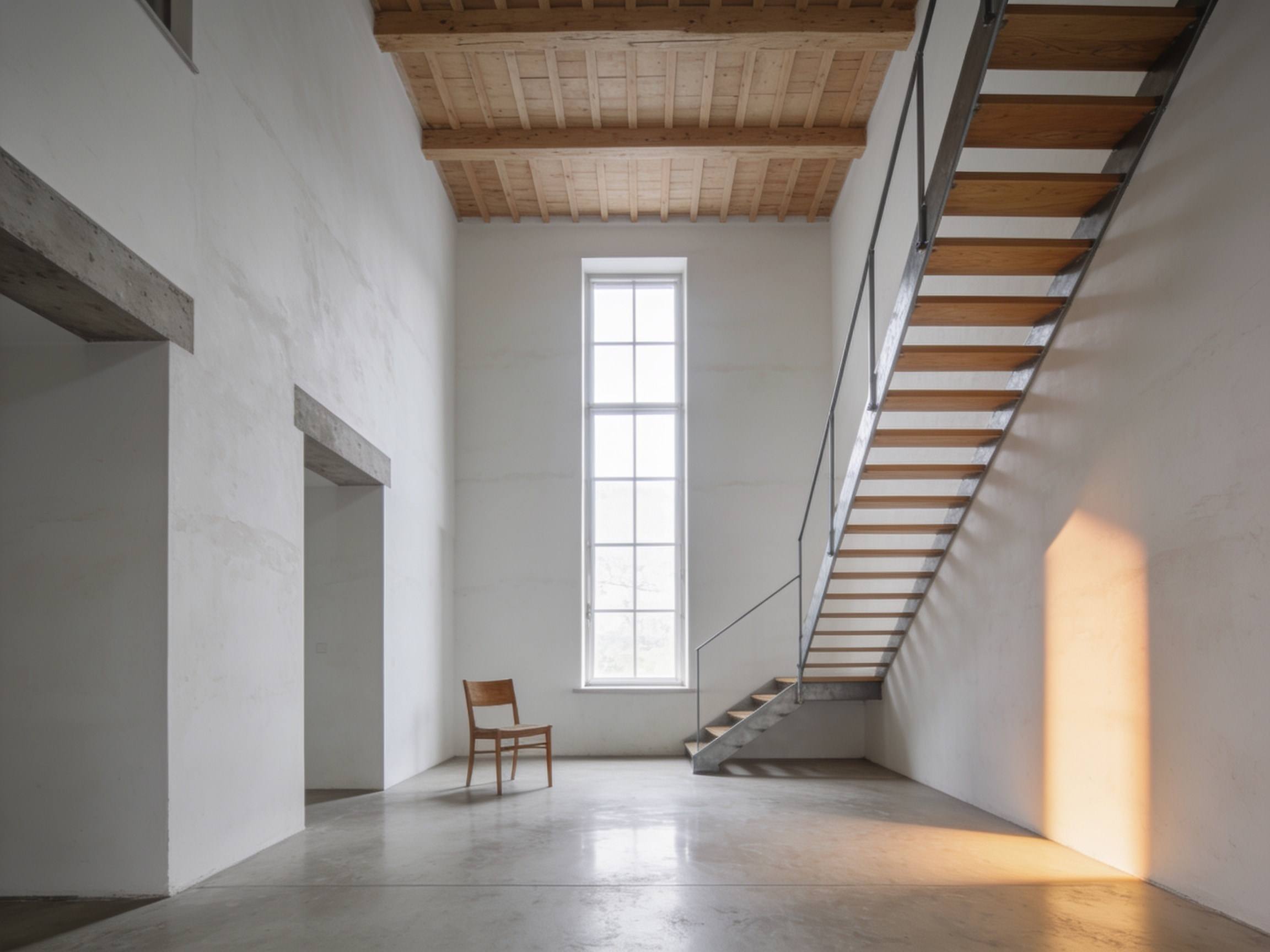 Doppelt hohe Halle mit Eichenbalken, Stahltreppe und Betonboden im Nordlicht