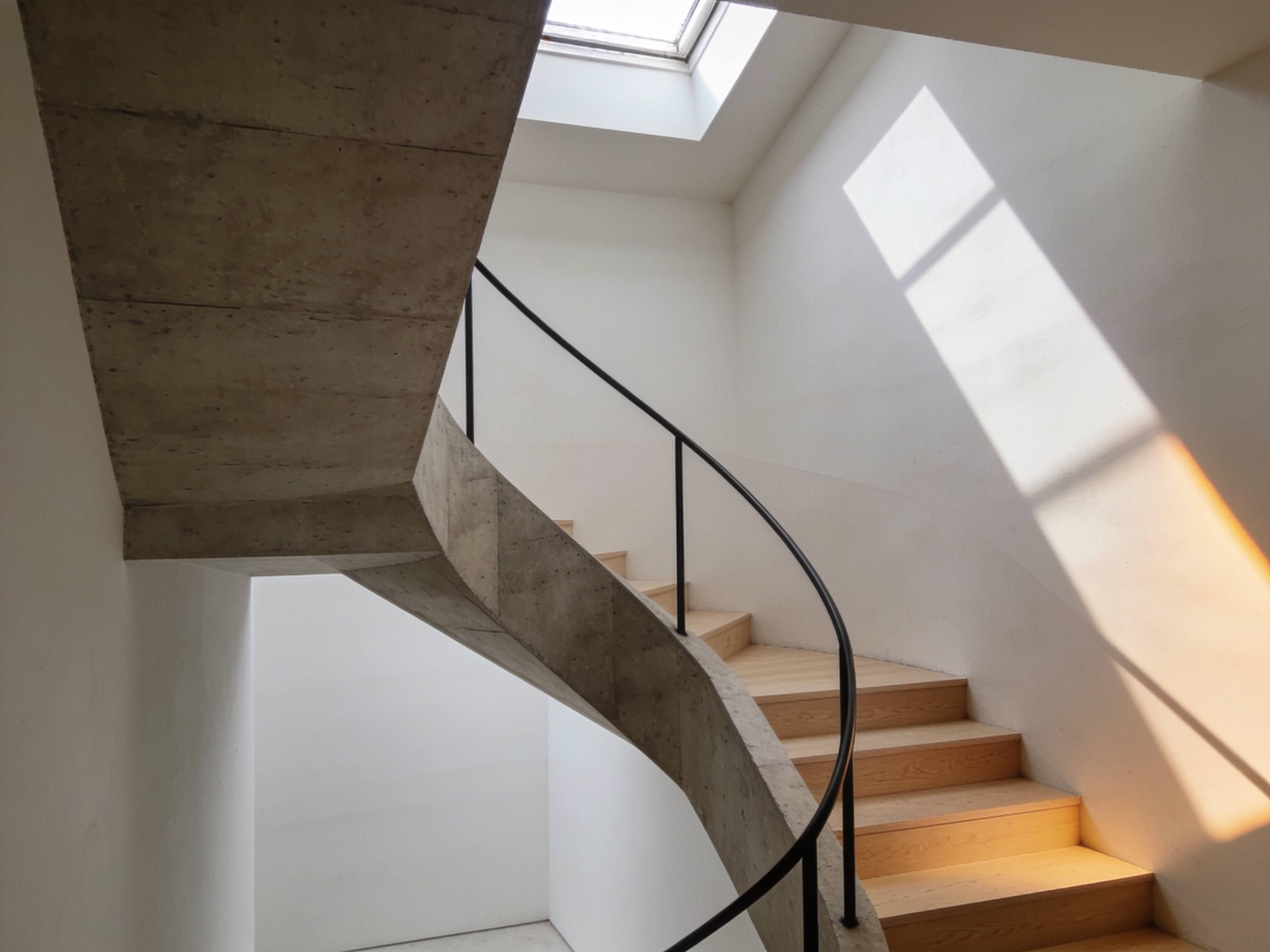 Gefaltete Sichtbetontreppe mit schwarzem Stahlhandlauf unter einem Oberlicht